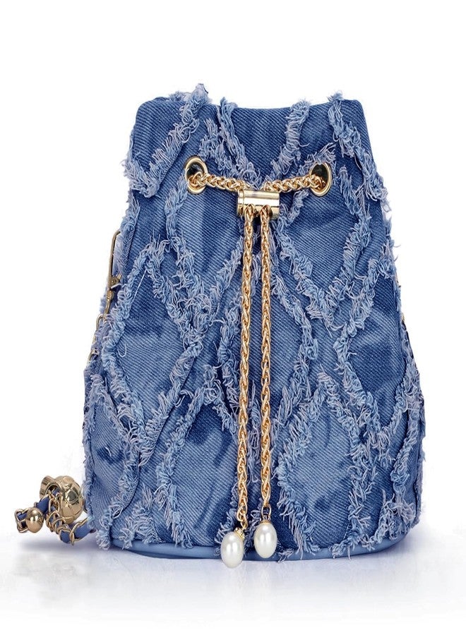 ROBOHOOK Denim Bucket Bag, Denim Purses for Women, Drawstring Blue Jean Crossbody Shoulder Purse Hobo Bag, for Commuting, Shopping, Dating (Blue) - Image 1